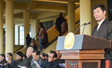 Sikyong Dr Lobsang Sangay delivering his tatement during the 10 December function at the main Tibetan Temple in Dharamshala, India. Photo: TPI/Yeshe Choesang